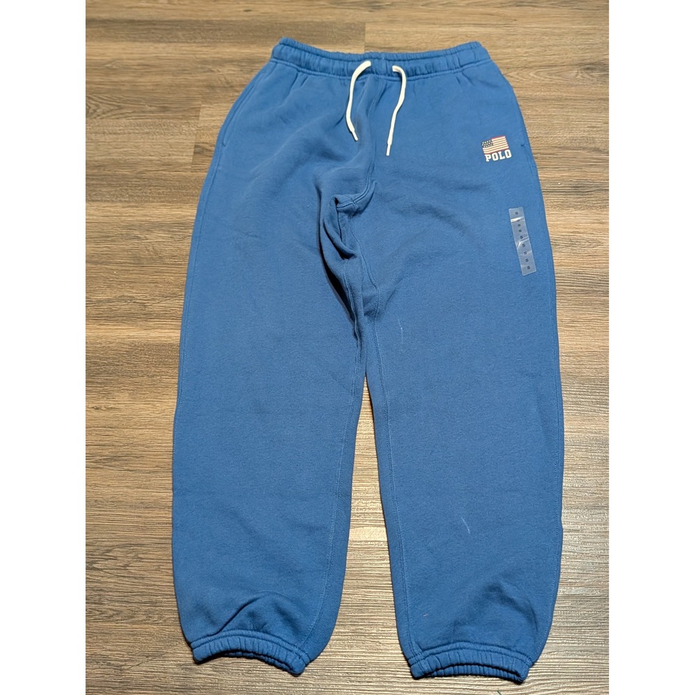 Polo Ralph Lauren Mens Blue American Flag Logo Fleece Jogger Sweatpants Small